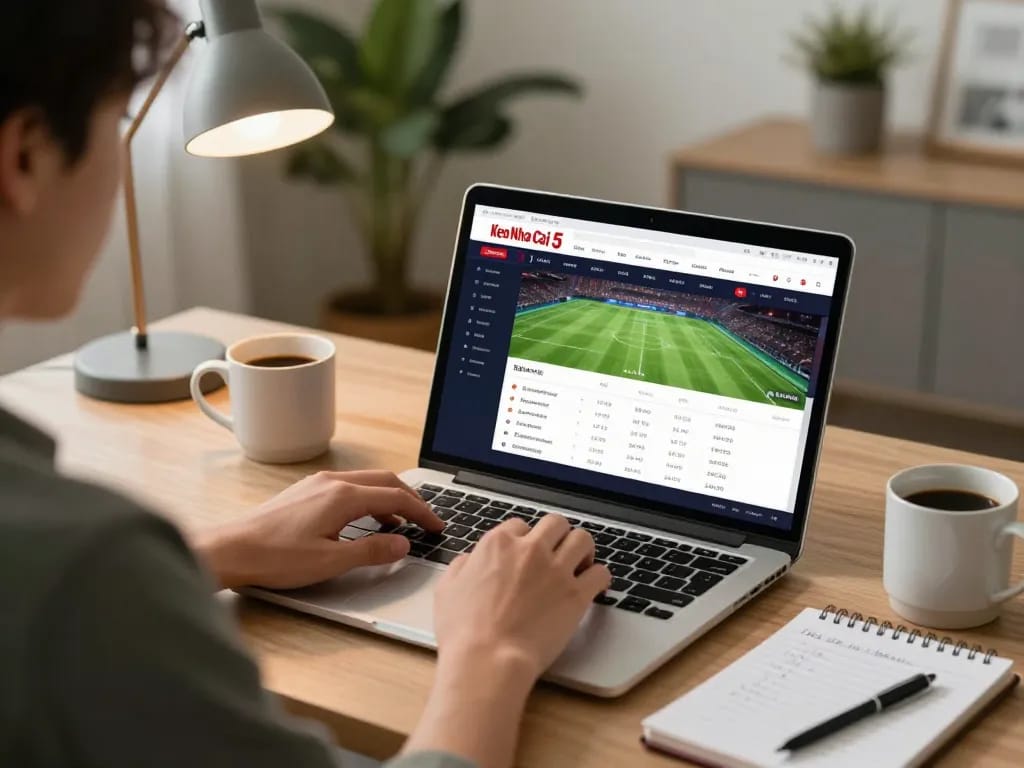 Engaging with Keo Nha Cai 5 online betting platform at home, blending strategy and comfort.