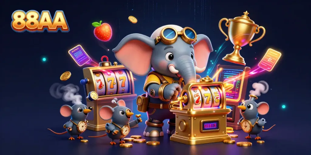 Engage in thrilling casino action with 88AA's steampunk elephant operating a golden slot machine amidst dynamic game elements.