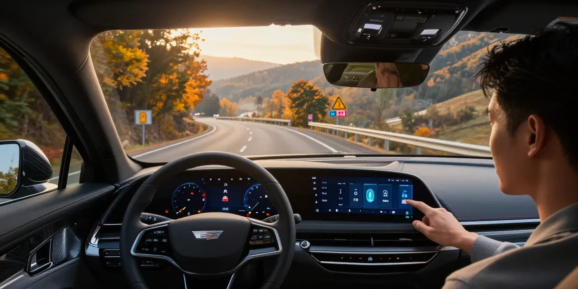 Exploring do the driving modes in cadillac lyriq offer different ranges or battery usages? Cadillac Lyriq navigating scenic road with driver adjusting driving modes.