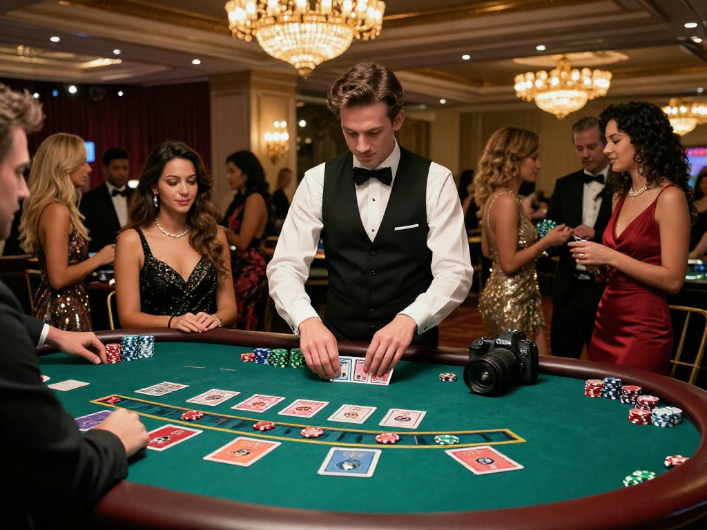 Scena di un casinò non AAMS elegante con tavolo da gioco e ospiti in abiti da sera.