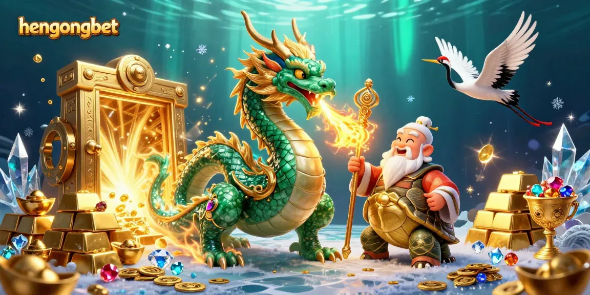 Experience the thrilling hengongbet world with a jade dragon, turtle sage, and lucky cranes amid a dynamic casino scene.