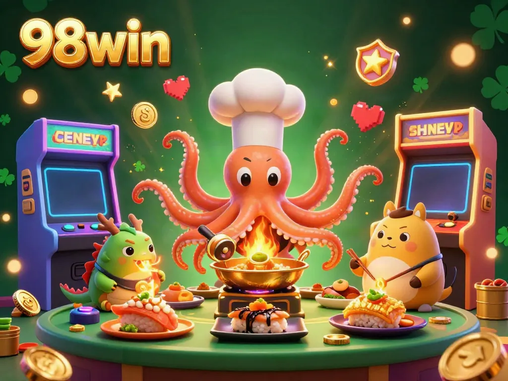 Experience the excitement of 98win with a vibrant casino illustration of avatars preparing dishes while gaming.