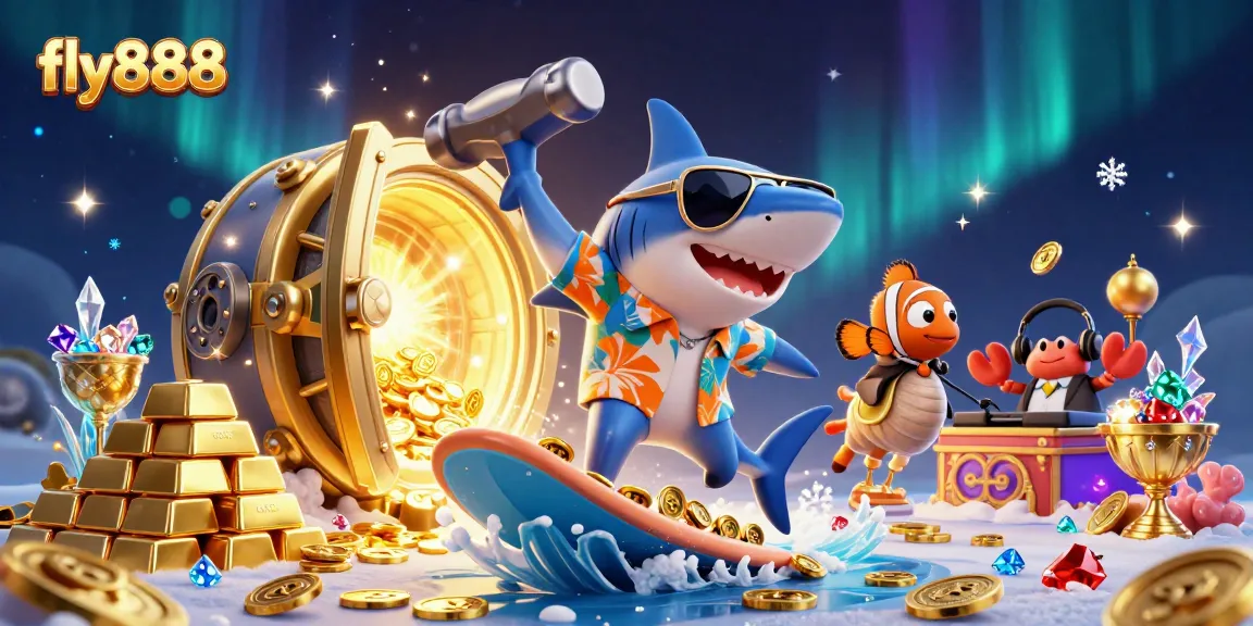 Join the excitement at fly888 with vibrant characters amidst a treasure-filled casino scene.