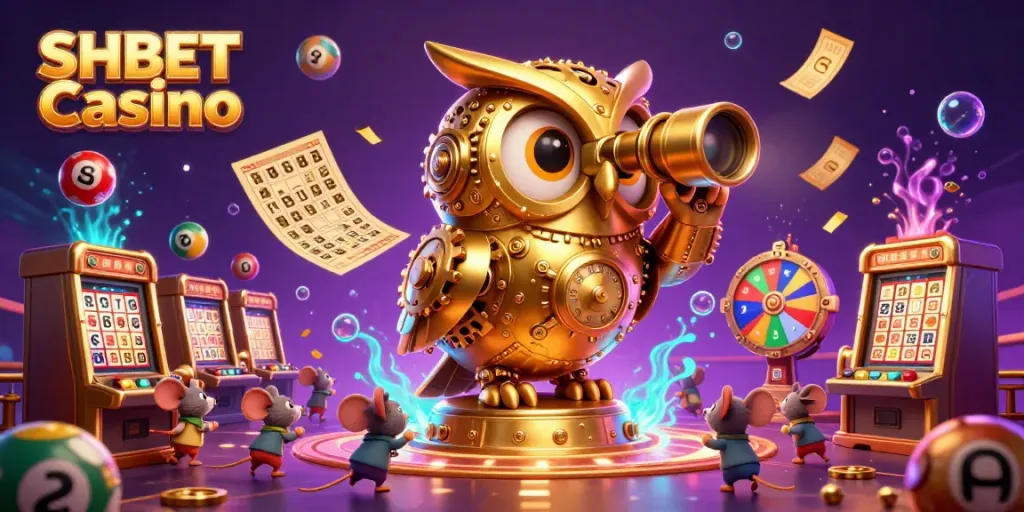Experience excitement at SHBET Casino with a vibrant 3D illustration filled with engaging game elements and characters.