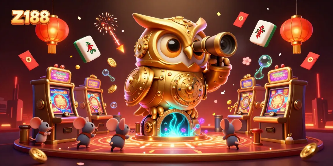 Experience Z188's captivating casino atmosphere with a golden owl and lively gaming elements.