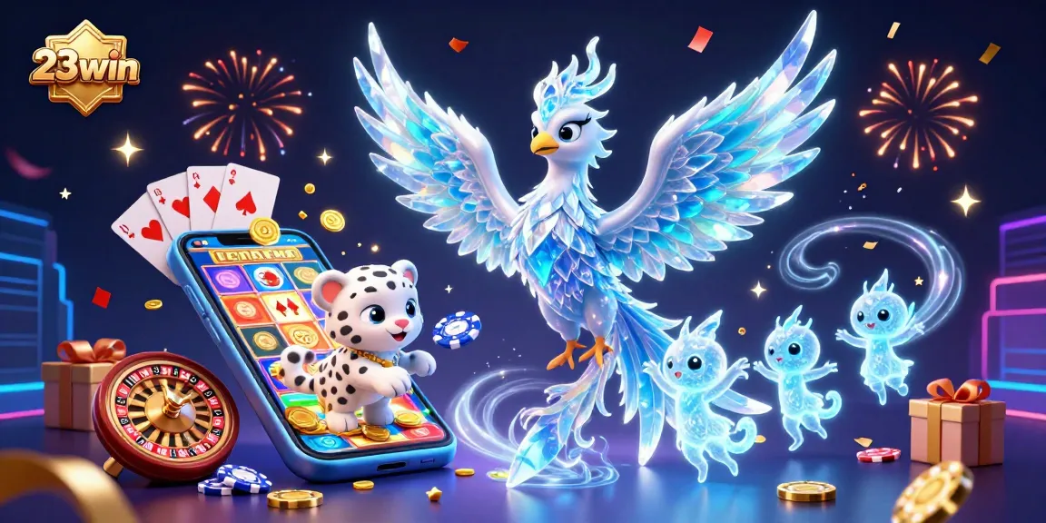 Engage with vibrant 23win gaming adventure featuring an ice phoenix and dynamic casino elements.