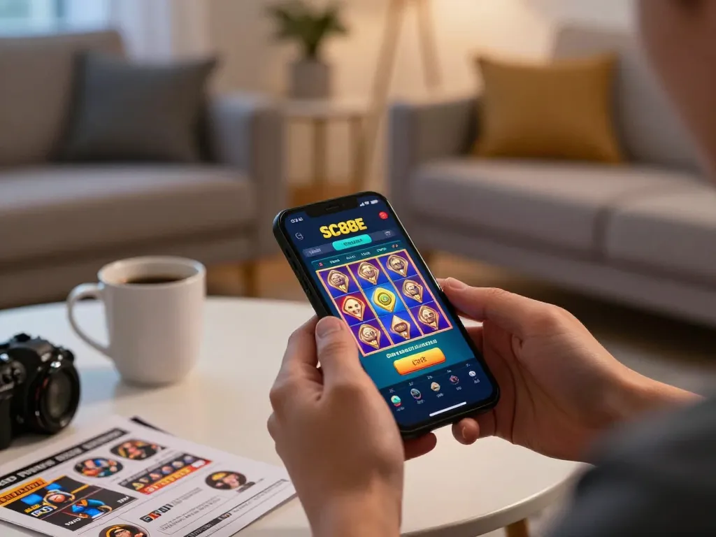 Player engaging with the SC88E mobile casino app, enjoying a vibrant slot game experience from home.