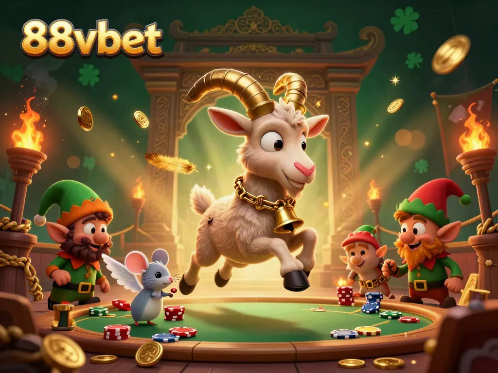 Experience excitement at the 88vbet casino with a whimsical scene featuring a cartoon Krampus and angel mouse amidst animated betting elements.