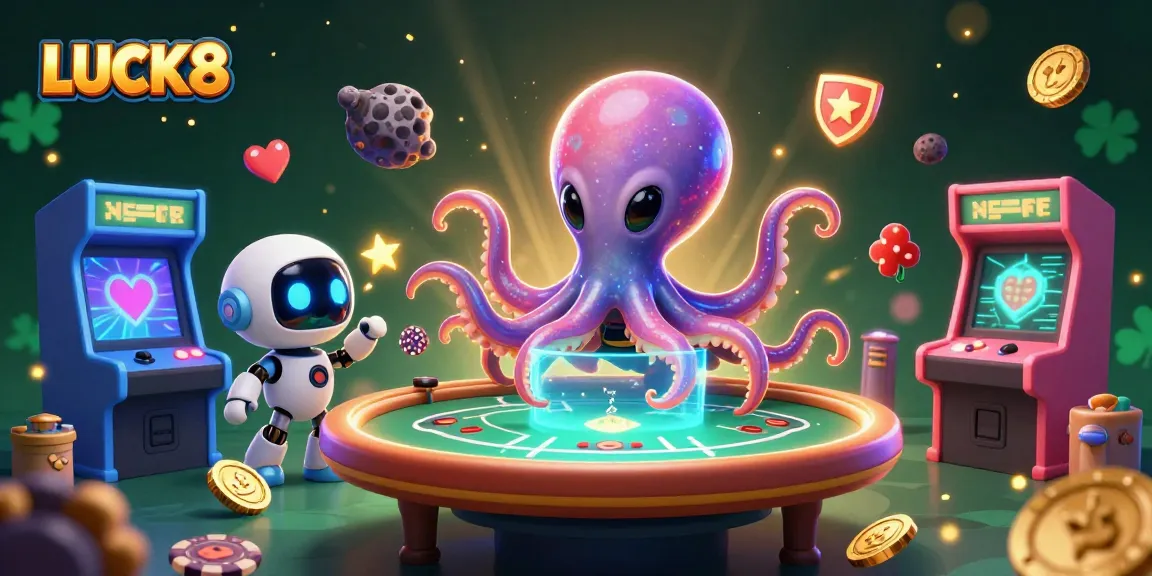 Join LUCK8's exciting gameplay with a dynamic alien octopus at a holographic poker table.