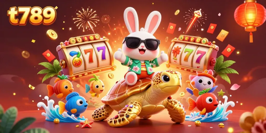 Experience thrilling gameplay with t789 in a vibrant scene full of slot reels and lucky charm characters.