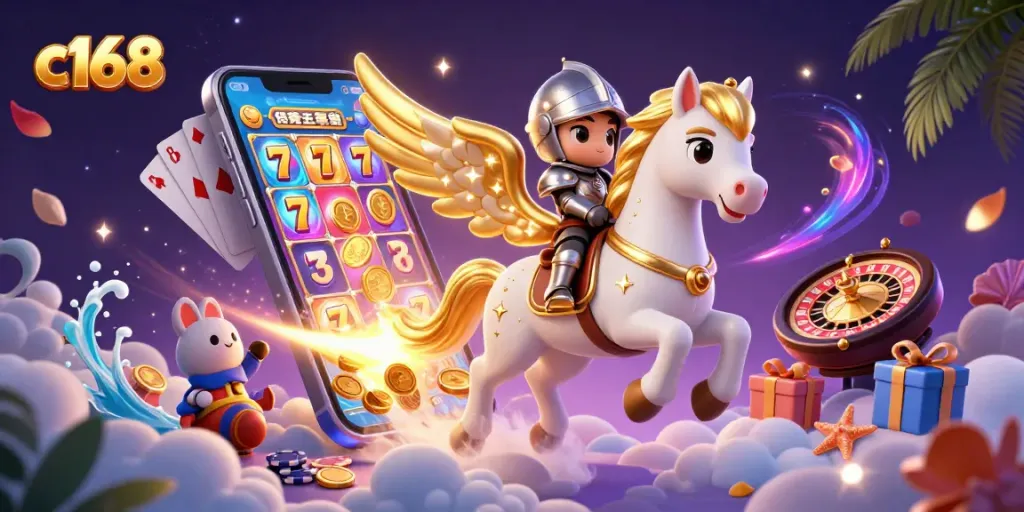 Engage in c168 gaming adventures with a celestial horse, knight, and dynamic casino elements.