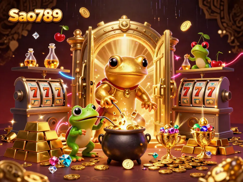 Sao789 engages players with a fantasy alchemy scene showcasing vibrant gaming elements and gold treasures.