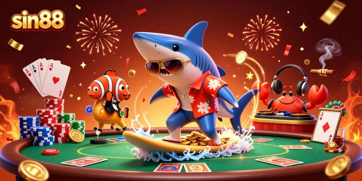 Experience thrilling sin88 gameplay with a vibrant scene of characters surfing on gold coins.