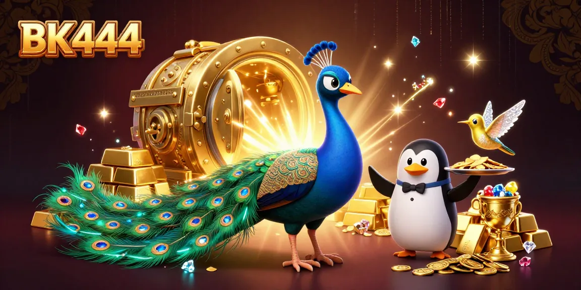 Bet big and win with BK444, showcasing luxurious gems and animated characters in a casino scene.