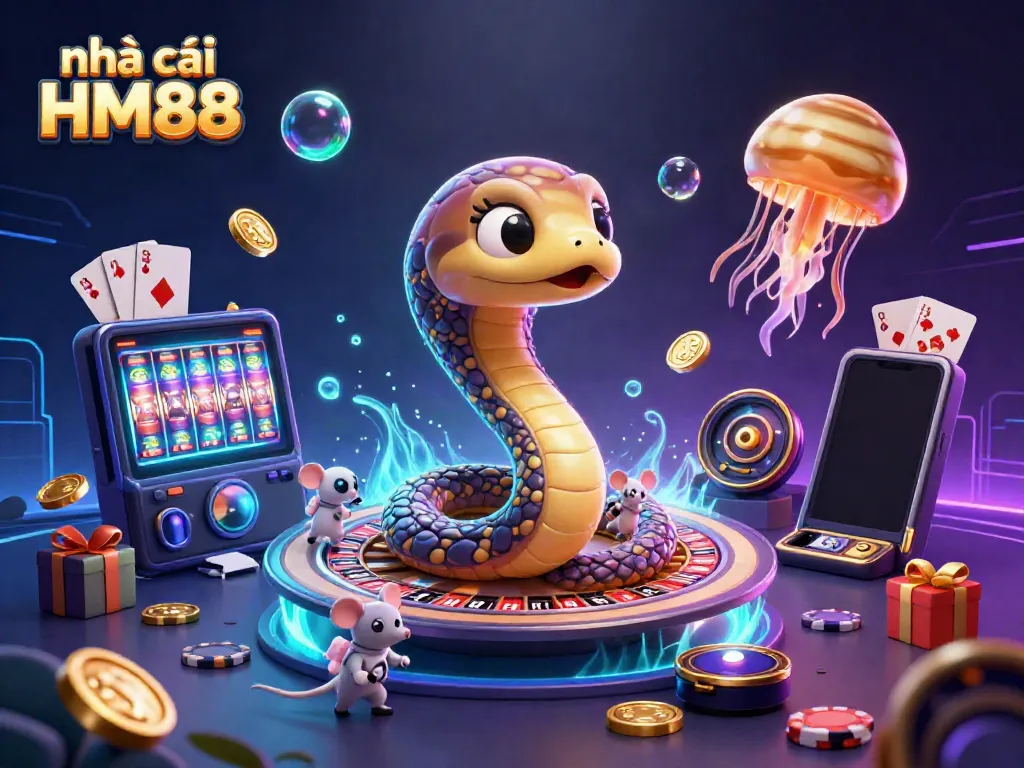 Engage with vivid представление of nhà cái HM88 featuring a snake roulette wheel with bets from astronaut mice and a golden jellyfish.