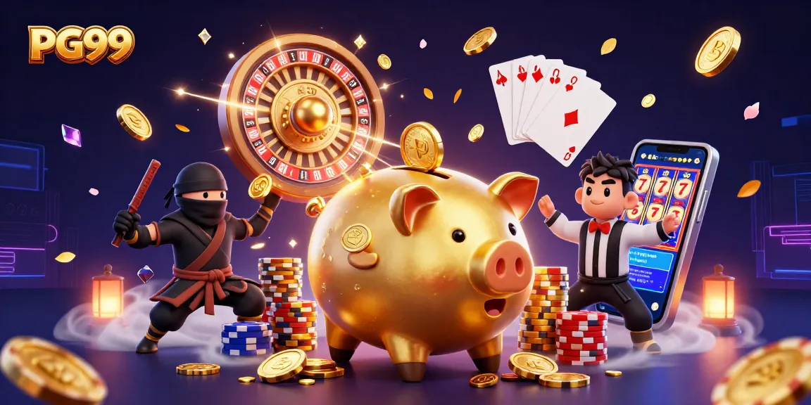 Engage with PG99's vibrant casino adventure featuring a sumo wrestler and ninja in action.