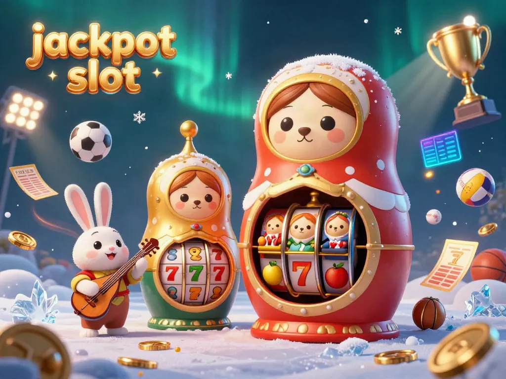 Spin the jackpot slot reels in a vibrant scene with cartoon bears and sports elements.