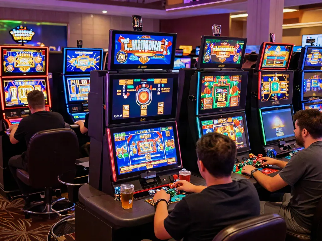 Exciting scene of diverse players enjoying i24Slots Casino with colorful slot machines.