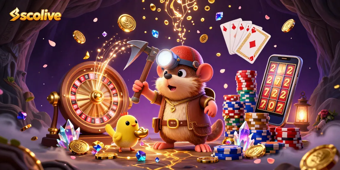 Socolive features cartoon characters engaging in mining riches, showcasing vibrant casino elements.