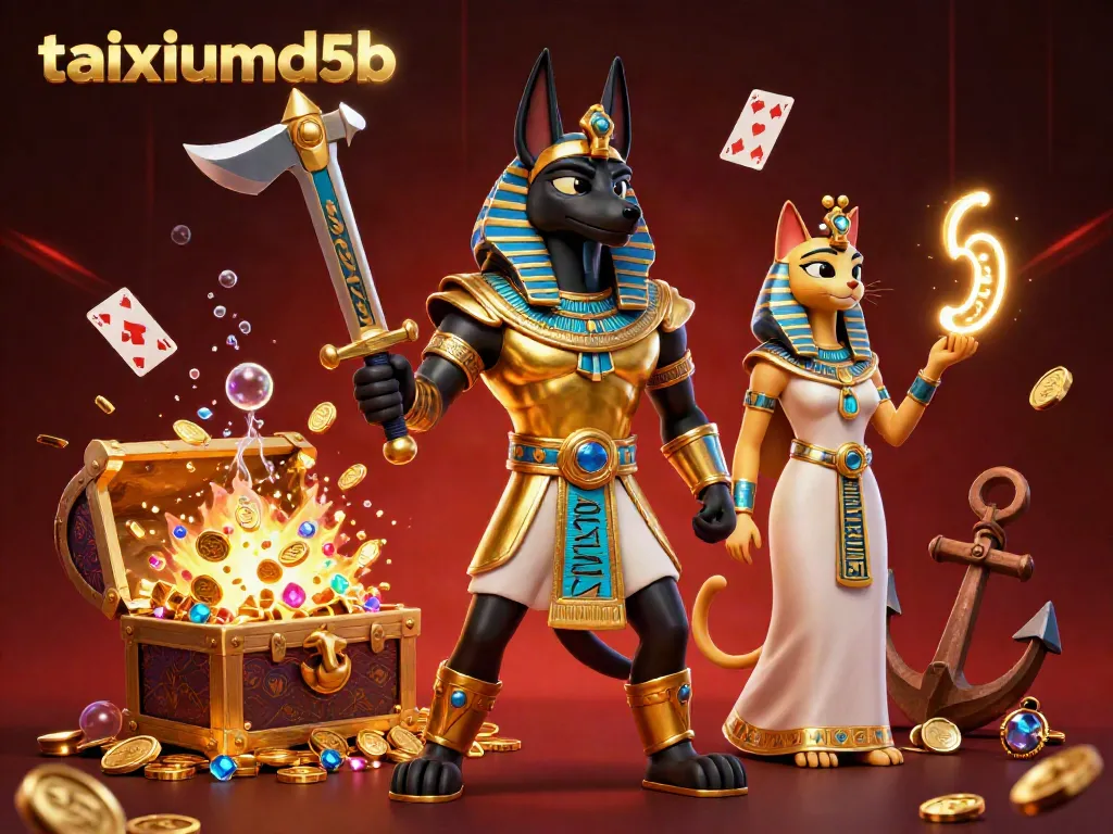 Engage in thrilling gameplay with taixiumd5b's dynamic casino scene featuring Anubis and Bastet.