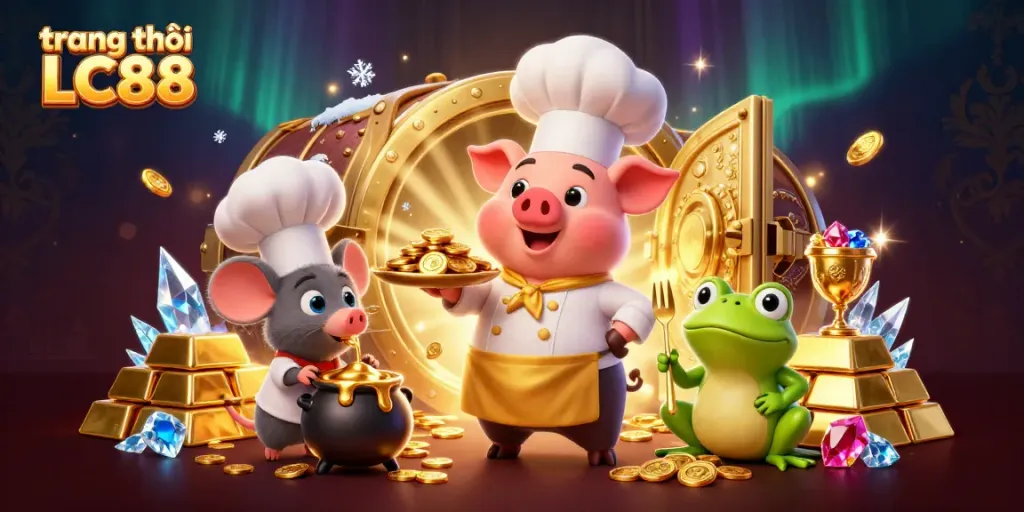 Experience the thrill of winning at trang chủ LC88 as gourmet coins are served in a bustling casino scene.
