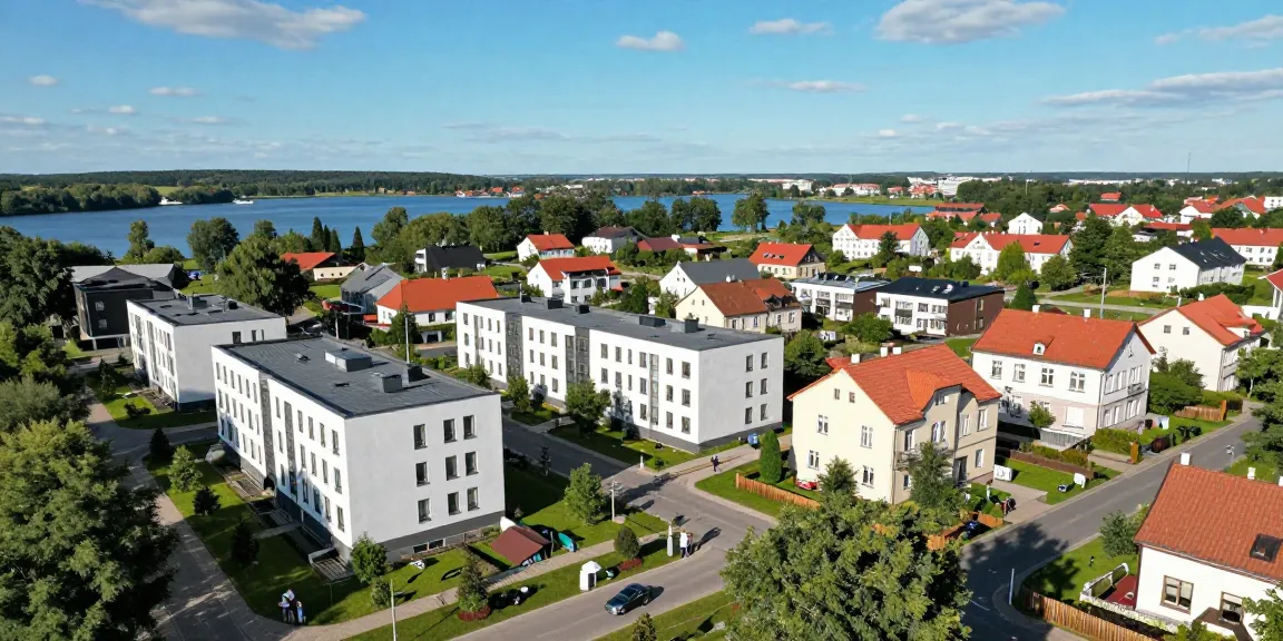 Widok nieruchomości z drona Olsztyn, ukazujący różnorodność stylów architektonicznych i otaczającą przyrodę.