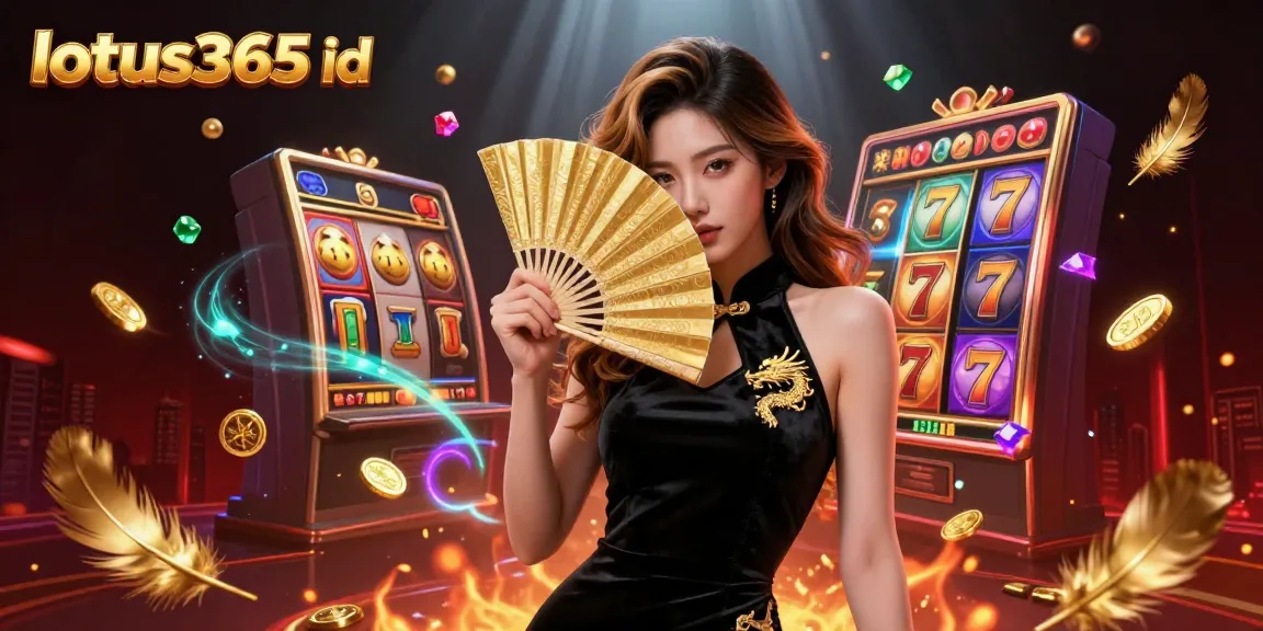 Engage with lotus365 id for thrilling slot adventures, featuring a captivating Asian woman and striking game elements.