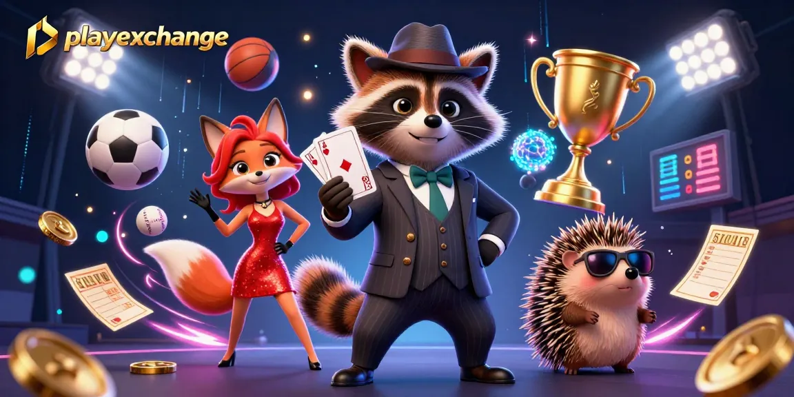 Playexchange offers an exciting 3D illustration of a raccoon, fox, and hedgehog in a vibrant casino scene.