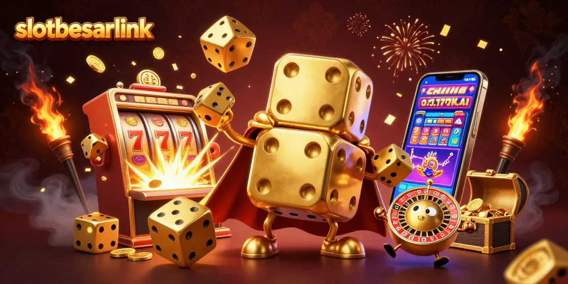 Engage with slotbesarlink's vibrant 3D casino scene featuring a golden dice golem and slot machine jackpot