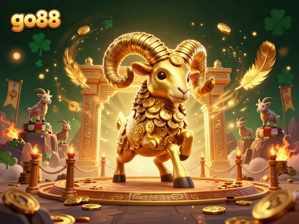 Experience the excitement of go88 as the golden ram charges through a vibrant casino scene full of action.