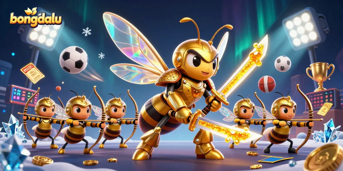 Bongdalu captures sports excitement with dynamic hornet warriors and vibrant sports elements in 3D illustration.