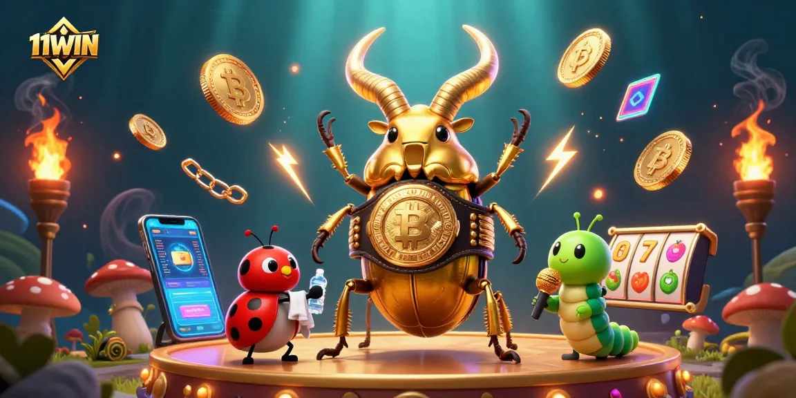 Engage with 11WIN through a vivid illustration of a golden stag beetle champion in a crypto-themed casino.