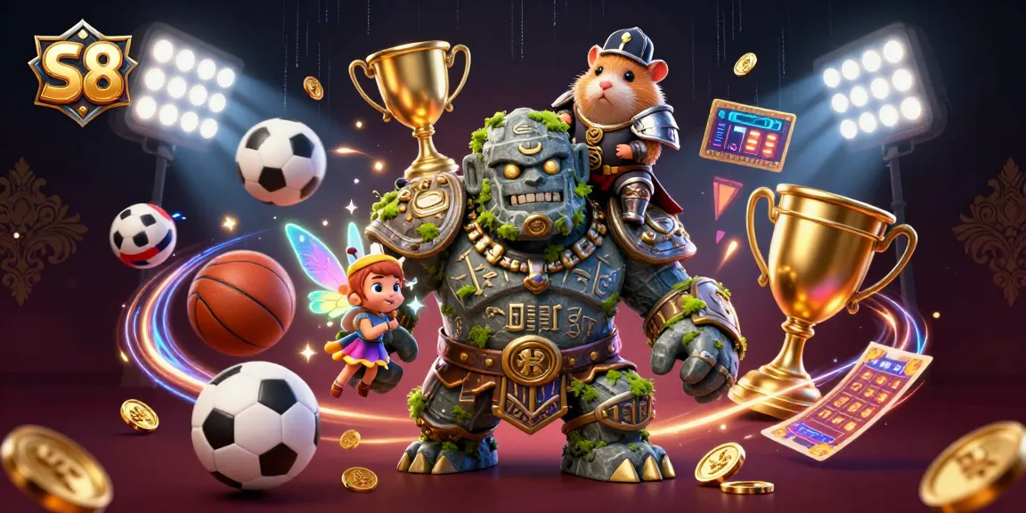 S8 casino scene with a golem guardian and fairy casting magic amidst dynamic sports elements