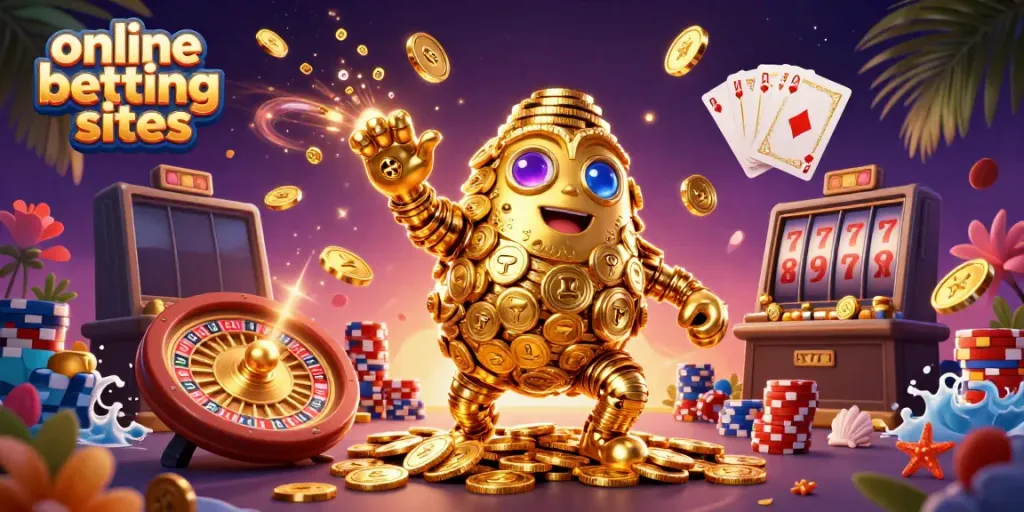 Experience online betting sites featuring a golden golem amidst cascading coins and vibrant game elements.
