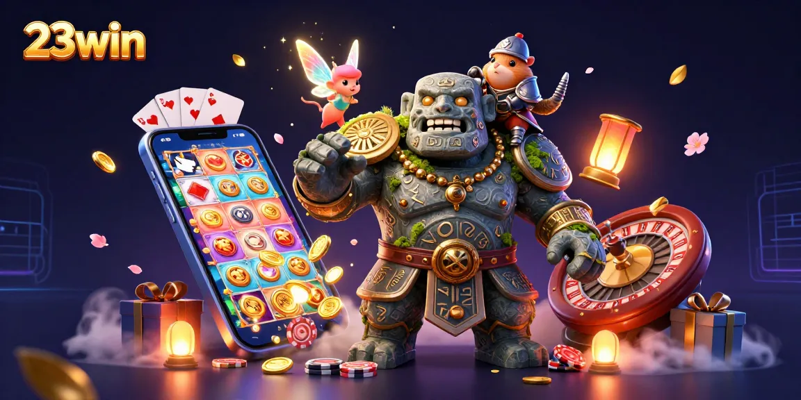 Engaging illustration of 23win's gaming fantasy with a golem, fairy, and knight showcasing fun and excitement in casino experiences.
