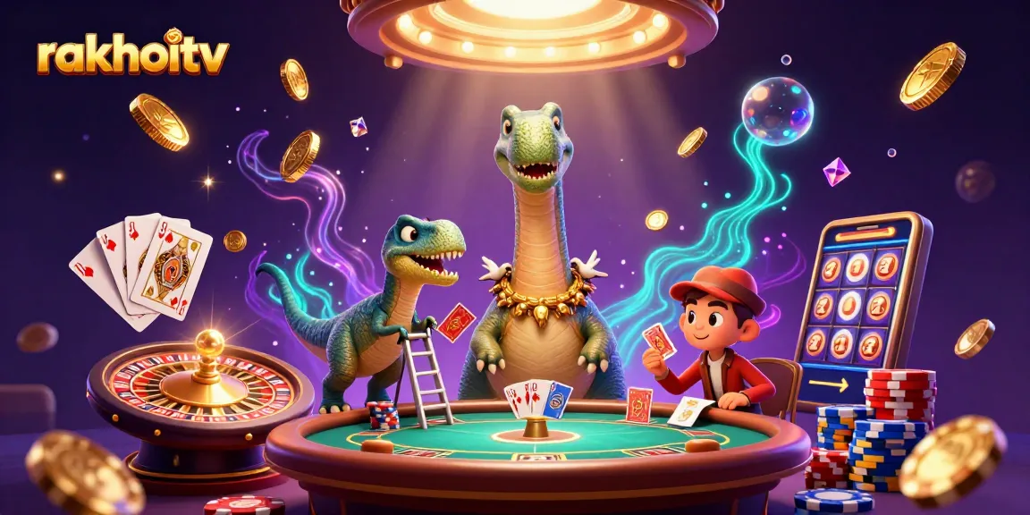 Engage with rakhoitv's vibrant 3D casino scene featuring a brontosaurus and cowboy raptor.