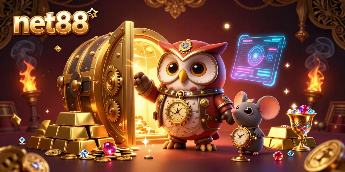 Experience the vibrant net88 casino theme with a steampunk owl and magical treasures.