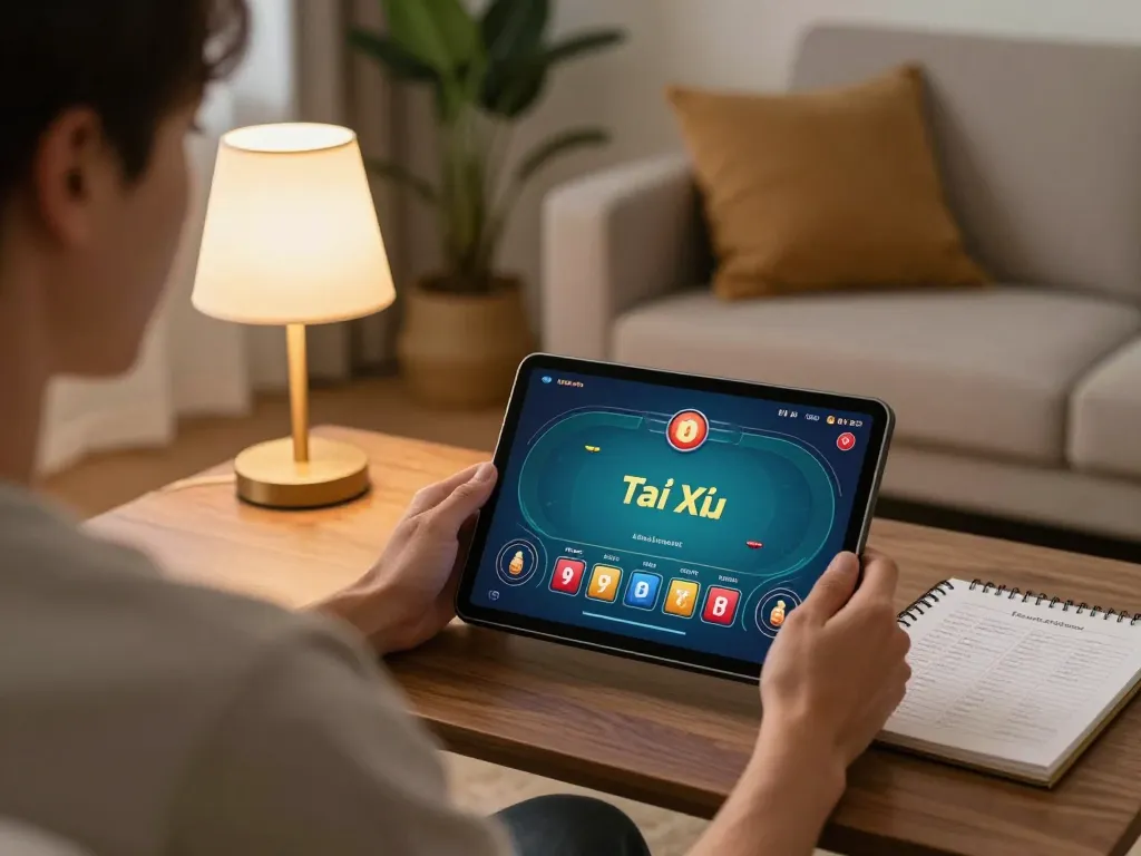 Tai Xiu Online gameplay on tablet in cozy setting at taixiuonlinego with strategic notes.