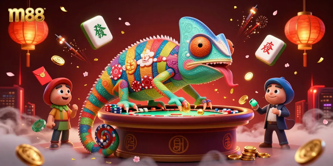 Experience the vibrant m88 casino world with a chameleon owner and festive game elements.