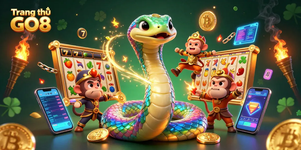 Engage with the thrilling world of Trang chủ GO8 showcasing a vibrant 3D casino scene filled with slot reels and lively characters.