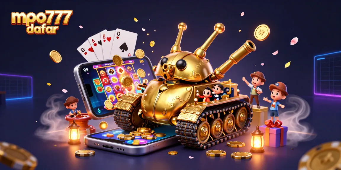 Engaging scene featuring mpo777 daftar with a golden beetle tank, casino displays, and slot games.
