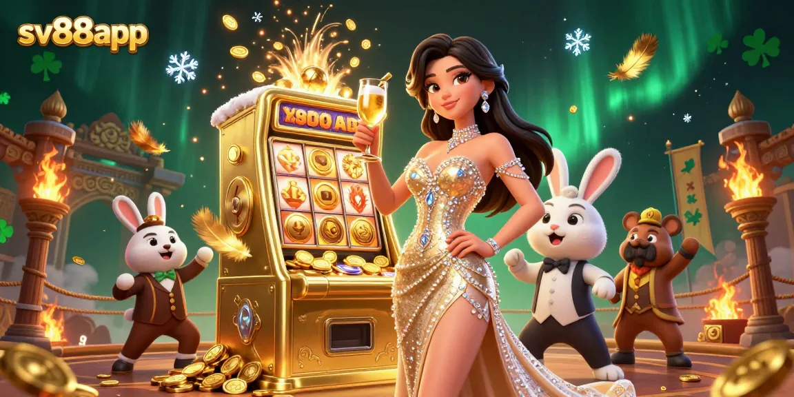 Experience thrilling wins at sv88app with a stunning woman toasting, jackpot slots, and vibrant casino elements.