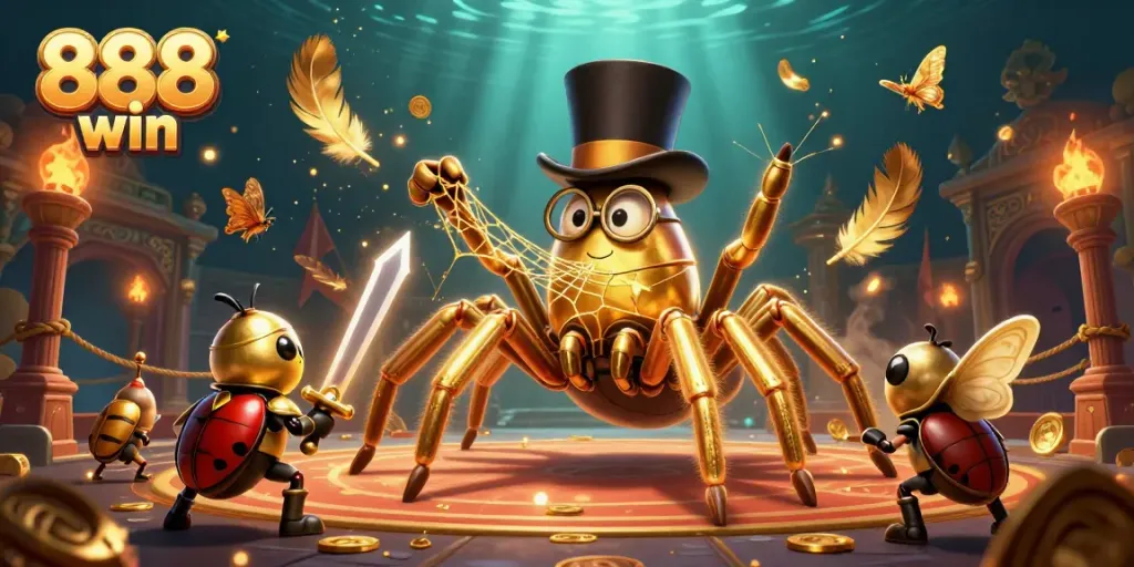 Experience the thrill of 888 win with a vivid casino battle between characters and gold elements.