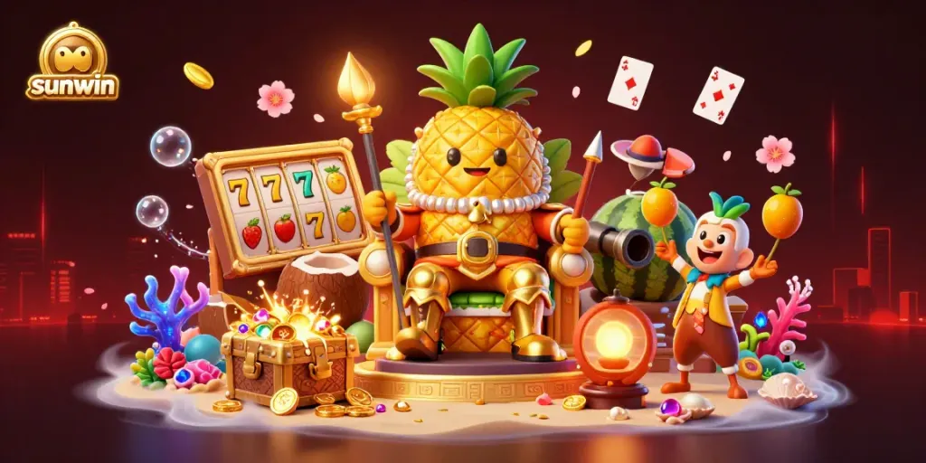 Experience exciting gameplay at sunwin with a vibrant 3D illustration depicting thrilling casino elements and dynamic characters.