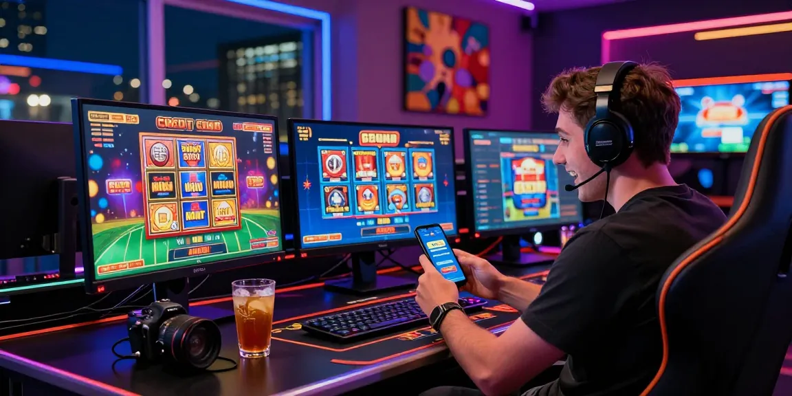 UK player enjoying credit card casinos with gaming setup and vibrant atmosphere.