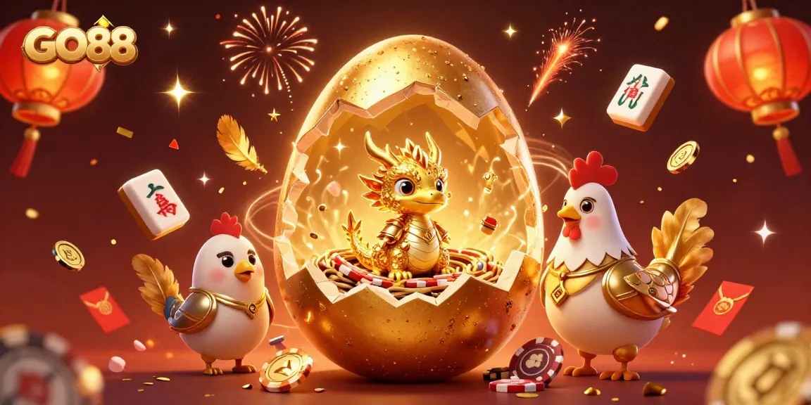 Experience the thrilling world of GO88 with a lively 3D illustration of a golden dragon and poker chips.