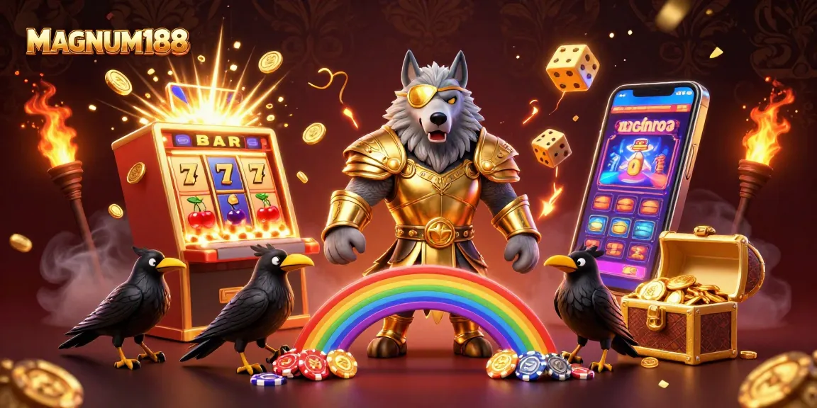 Experience the thrill of MAGNUM188 with an exciting 3D casino scene featuring Odin and ravens in a vibrant, jackpot-filled environment.
