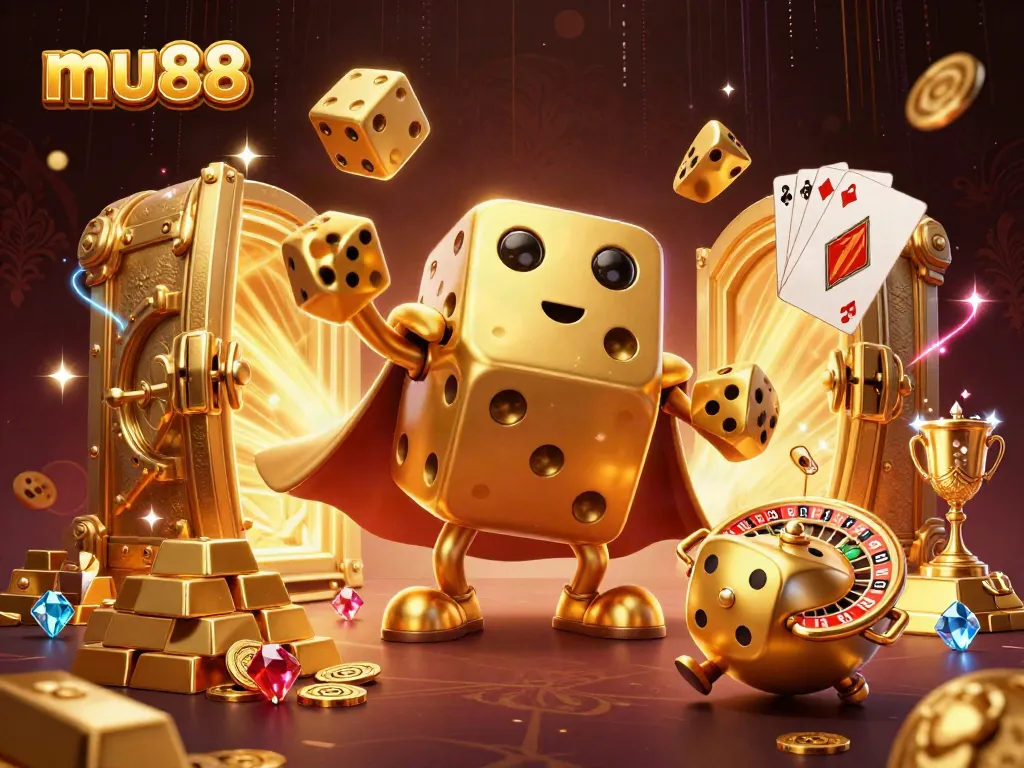 Experience thrilling casino action with mu88 as golden dice characters juggle excitement and treasures.
