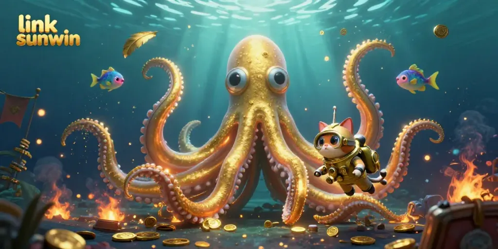 Engage with the thrilling link sunwin experience featuring a colossal kraken and diving cat in an underwater treasure scene.