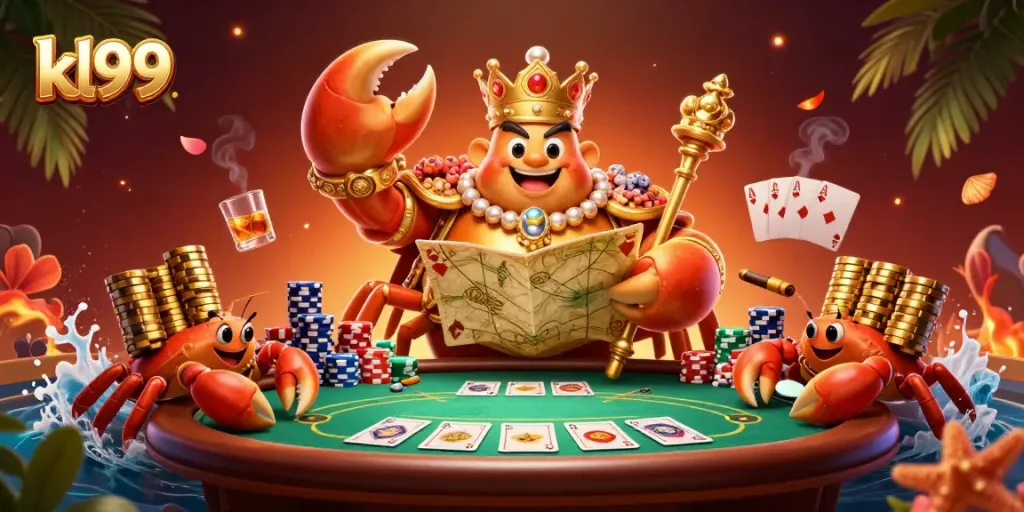 Experience a vibrant kl99 casino atmosphere with a golden crab and poker elements in a stunning 3D illustration.